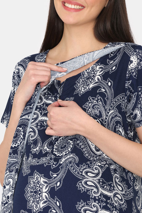 Coucou Maternity Woven Full Length Loungewear Dress With Front Zipper And Discreet Feeding - Blue Depths — image 6